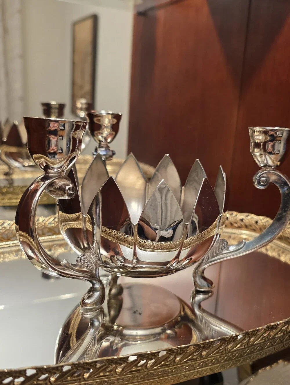 Vintage Silverplate Lotus Flower Bowl 3 Candle Candelabra Centerpiece